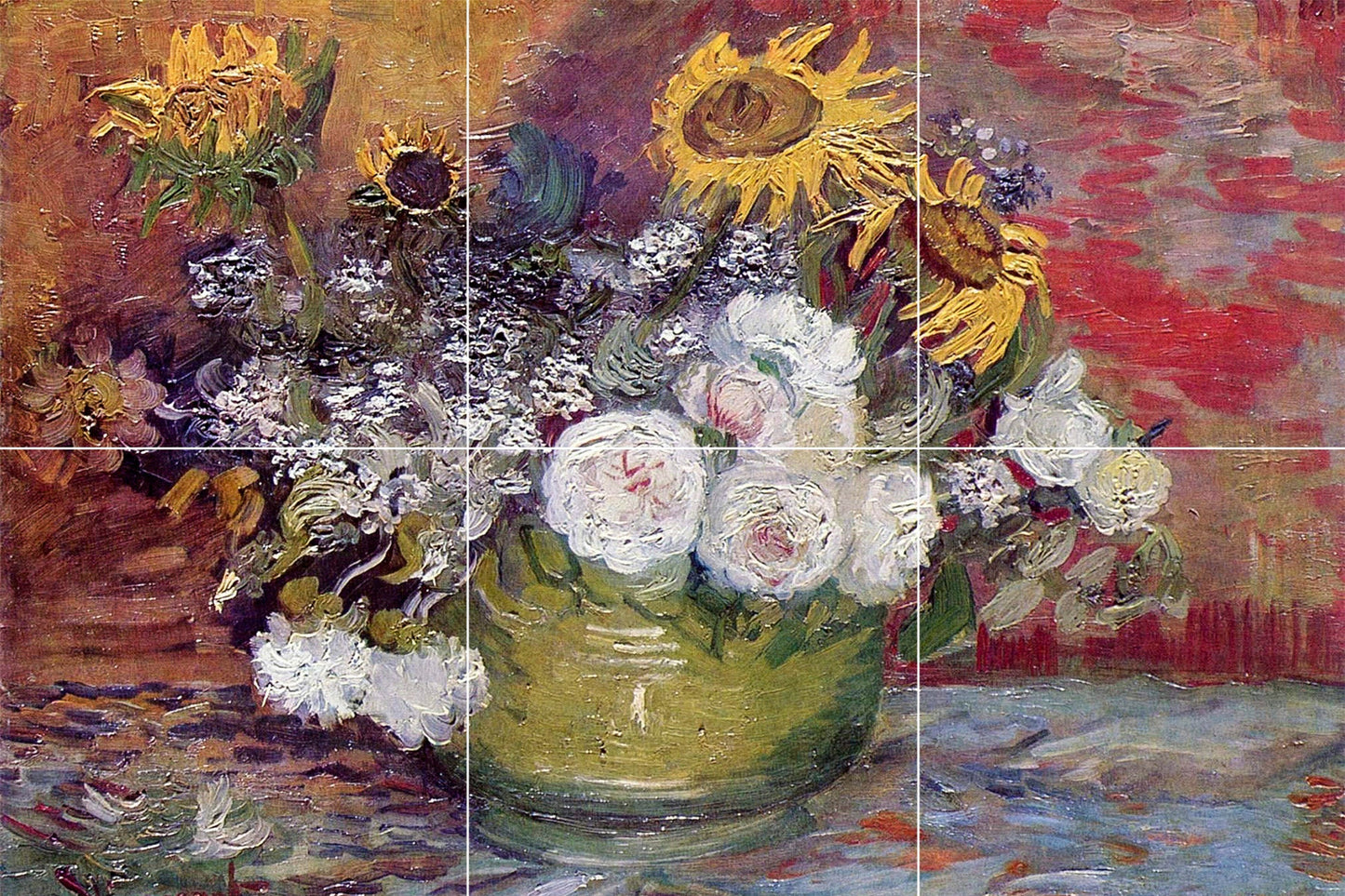 Tile Mural/Mosaic Ceramic Panel of Vincent Van Gogh Sunflowers - Flower Mural - Van Gogh Print - Flower Wall Art - Botanical Art Print
