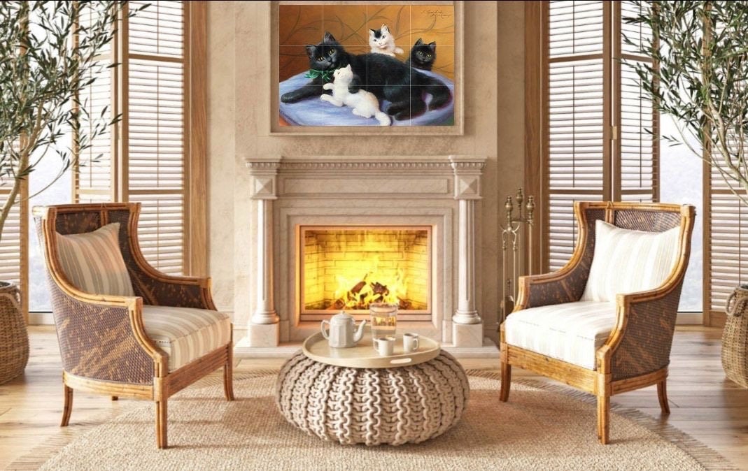 Tile Mural/Mosaic Ceramic Panel of Cats - Kitty Print - Cat Wall Art - Cats Wall Art - Cat Mural - Cat Painting - Cat Prints - Cat Decor