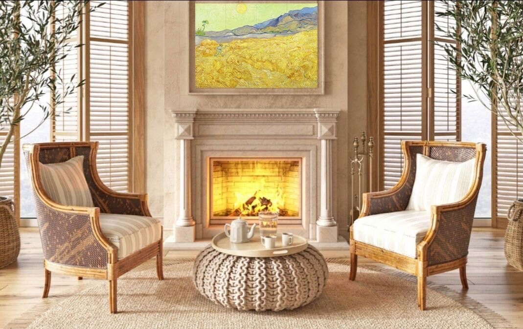 Tile Mural/Mosaic Ceramic Panel of Vincent Van Gogh - Wheatfield with a Reaper - Countryside Mural - Van Gogh Print - Countryside Wall Art