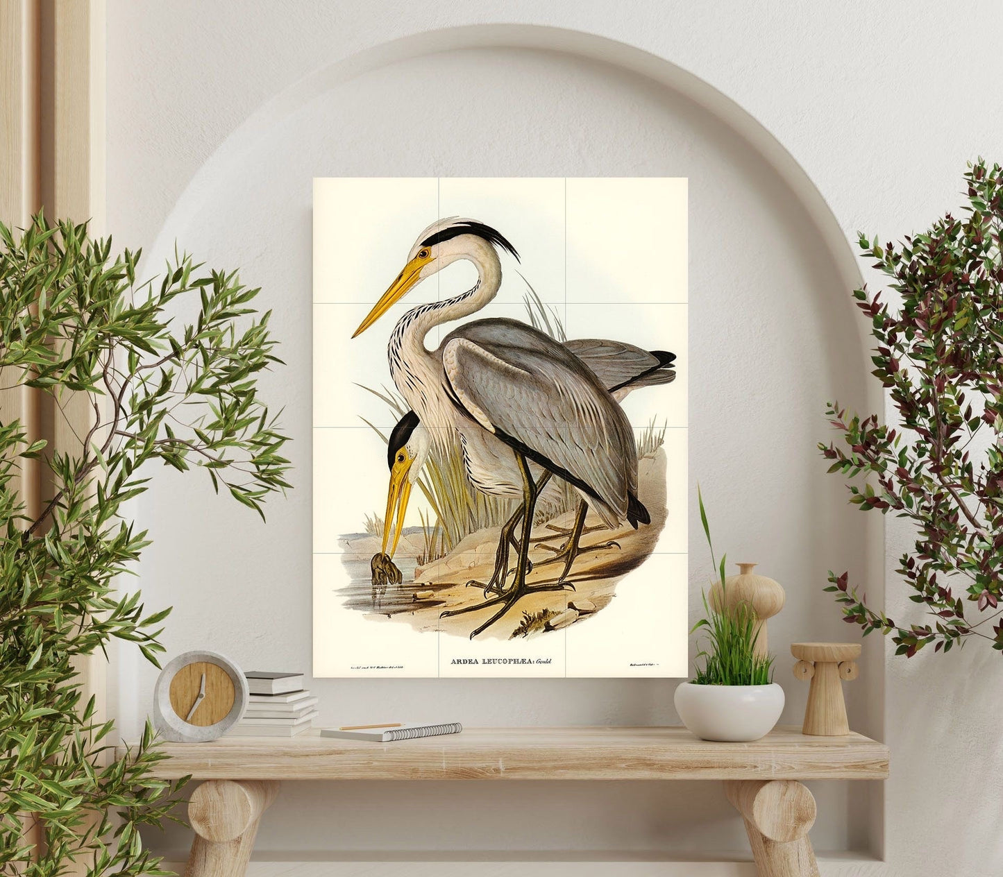 Tile Mural/Mosaic Ceramic Panel of Great Grey Heron - Bird Mosaic - Heron Painting - Bird Mural - Gloss Tiles - Heron Wall Art Print