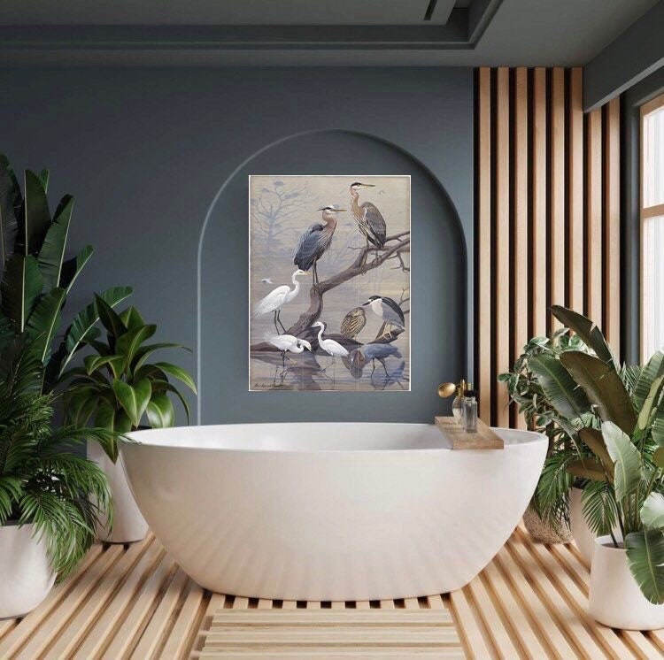 Tile Mural/Mosaic Ceramic Panel of Heron - Bird Mosaic - Heron Painting - Bird Mural - Gloss Tiles - Egret Wall Art Print - Crane Bird Print