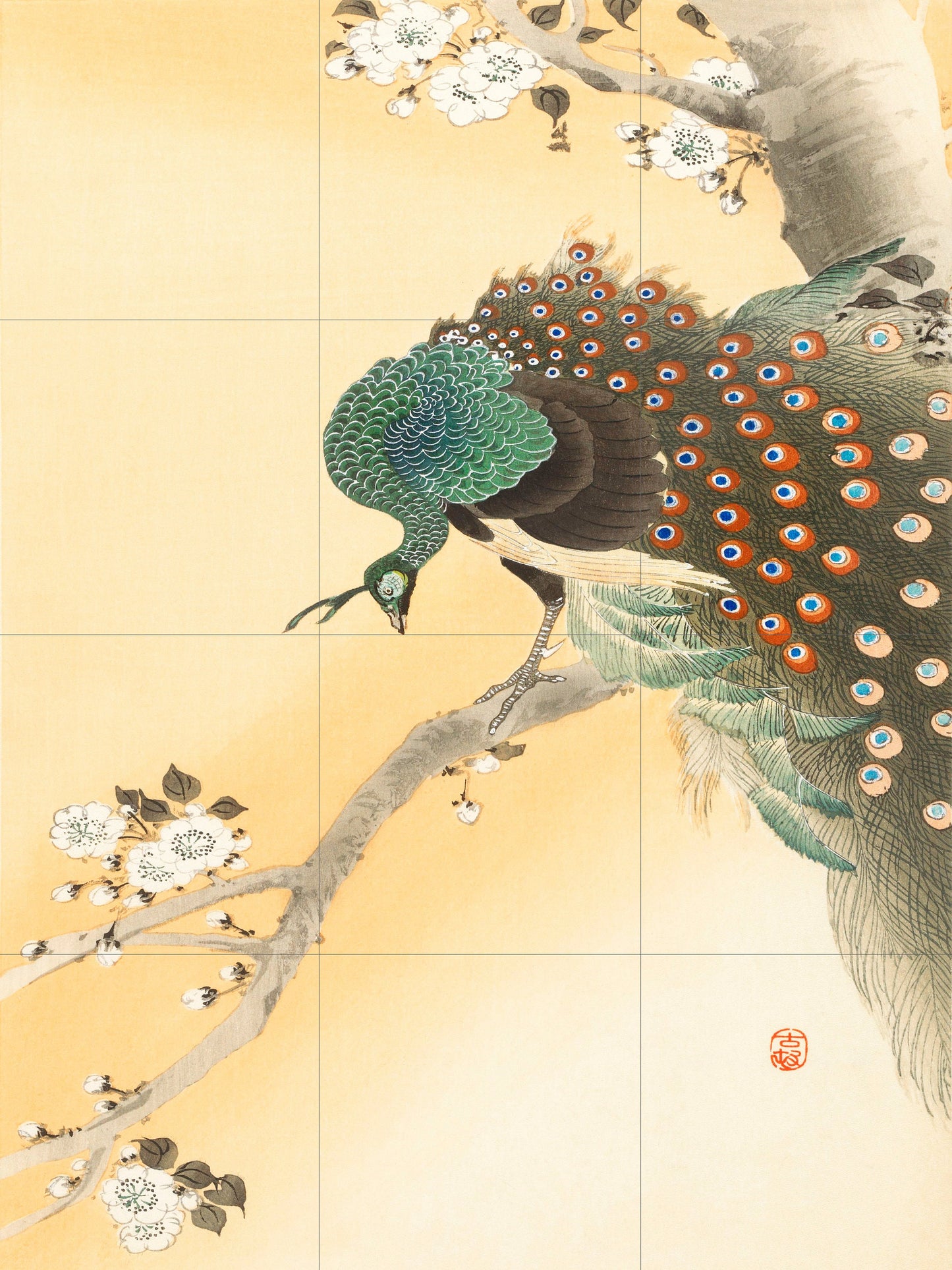 Tile Mural/Mosaic Ceramic Panel of Peacock - Ohara Koson Art Prints - Peacock Bird Mural - Gloss Tiles - Bird Tile Mosaic - Peacock Print