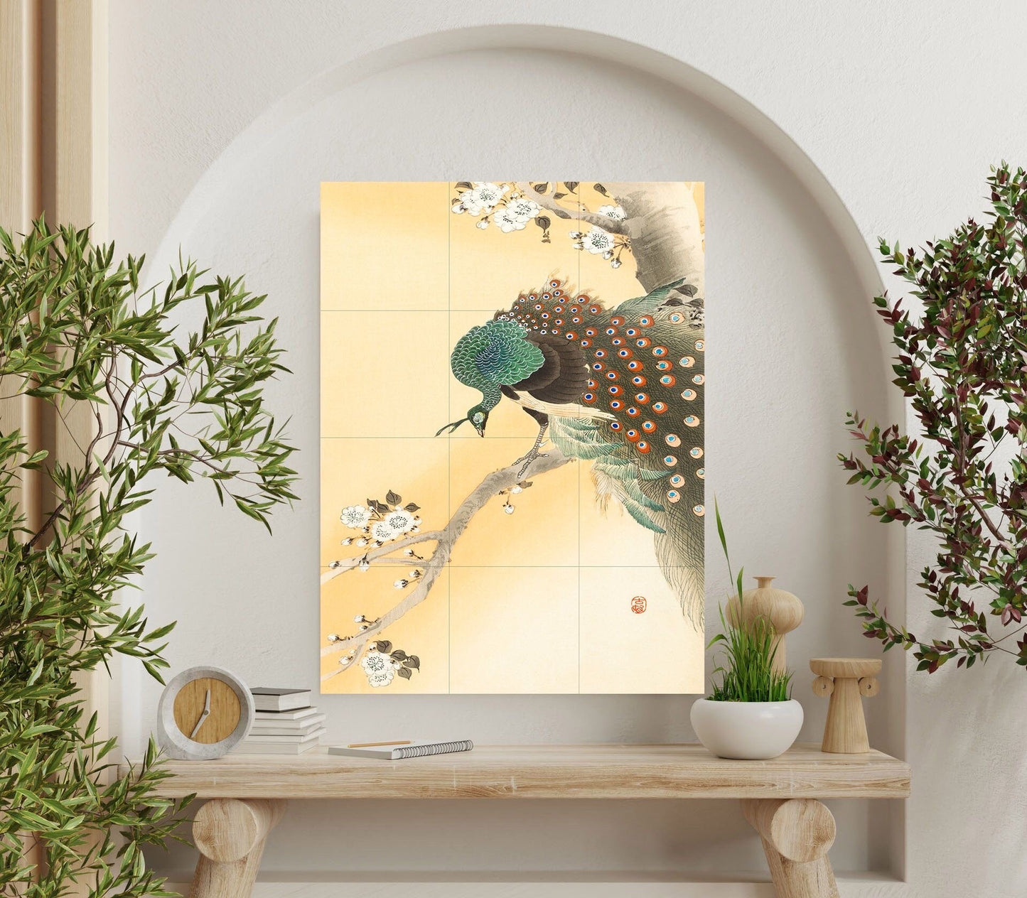 Tile Mural/Mosaic Ceramic Panel of Peacock - Ohara Koson Art Prints - Peacock Bird Mural - Gloss Tiles - Bird Tile Mosaic - Peacock Print