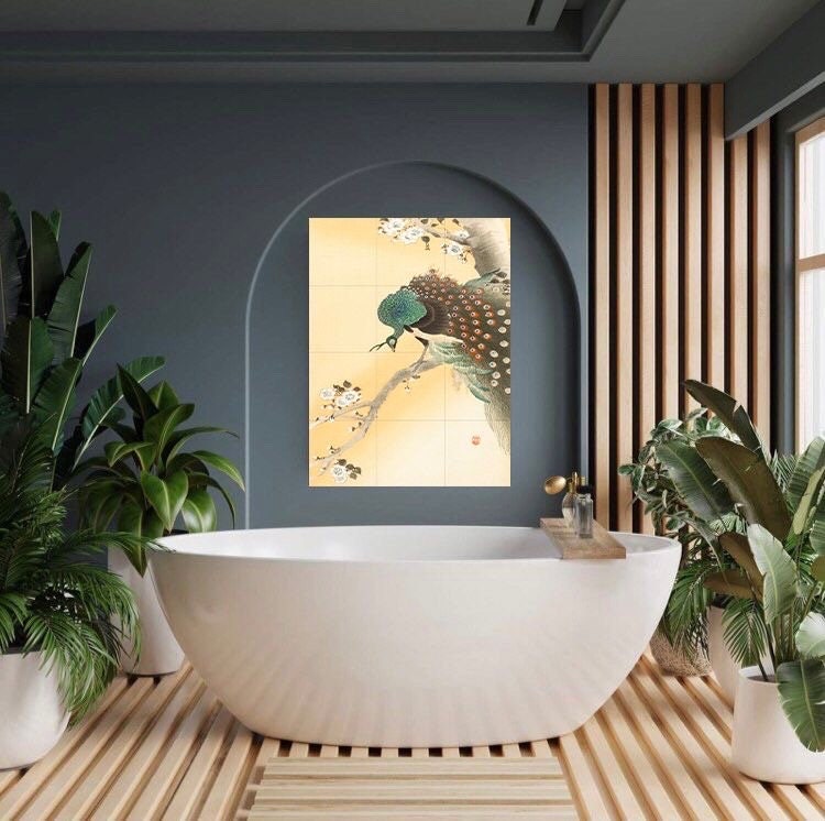Tile Mural/Mosaic Ceramic Panel of Peacock - Ohara Koson Art Prints - Peacock Bird Mural - Gloss Tiles - Bird Tile Mosaic - Peacock Print