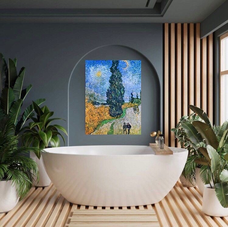 Tile Mural/Mosaic Ceramic Panel of Vincent Van Gogh - Road with Cypresses and Star- Countryside Mural -Van Gogh Print - Countryside Wall Art