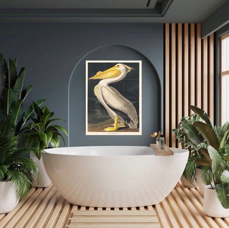 Tile Mural/Mosaic Ceramic Panel of Pelican Tropical Bird - John James Audubon - Bird Mural - Gloss Tiles - Pelican Wall Art Print - Bird Art