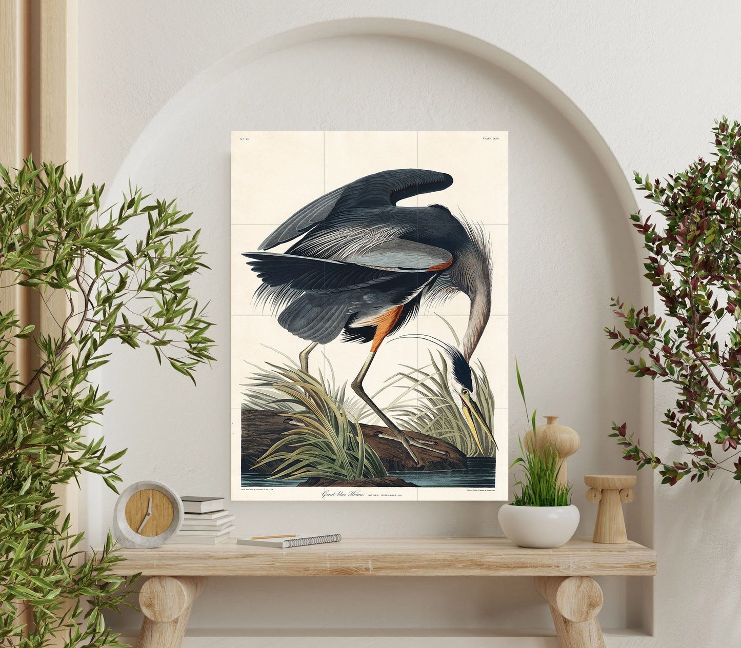 Tile Mural/Mosaic Ceramic Panel of Great Blue Heron-John James Audubon - Wall Nature Art - Bird Mural - Gloss Tiles - Crane Bird Tile Mosaic