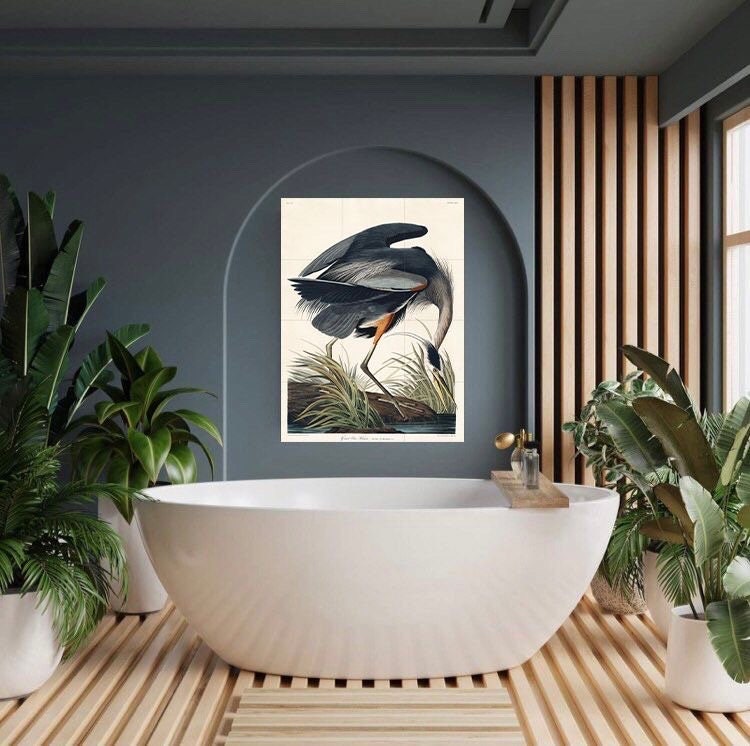 Tile Mural/Mosaic Ceramic Panel of Great Blue Heron-John James Audubon - Wall Nature Art - Bird Mural - Gloss Tiles - Crane Bird Tile Mosaic