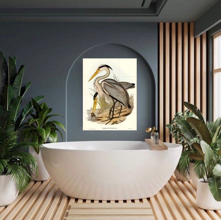 Tile Mural/Mosaic Ceramic Panel of Great Grey Heron - Bird Mosaic - Heron Painting - Bird Mural - Gloss Tiles - Heron Wall Art Print