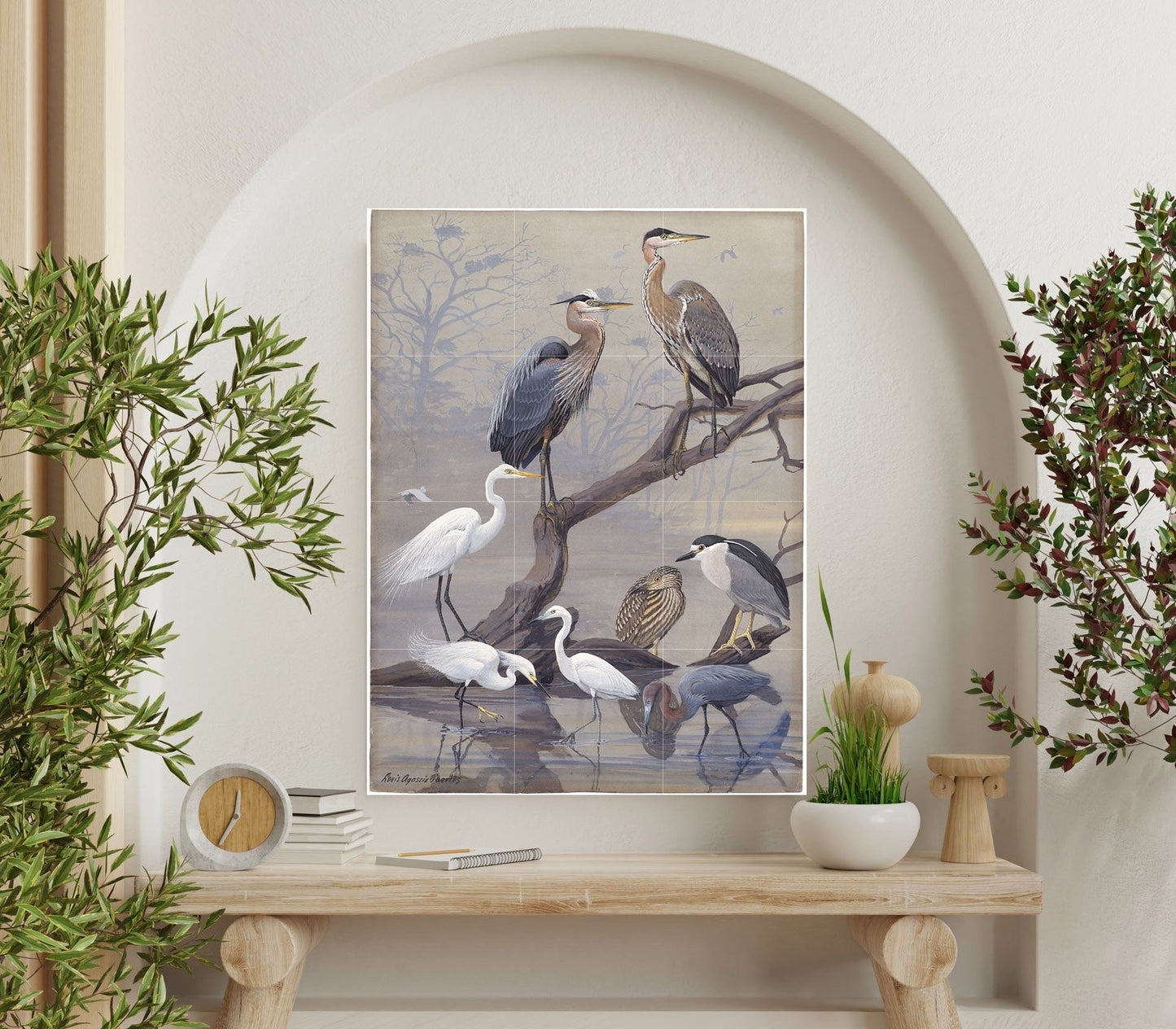 Tile Mural/Mosaic Ceramic Panel of Heron - Bird Mosaic - Heron Painting - Bird Mural - Gloss Tiles - Egret Wall Art Print - Crane Bird Print