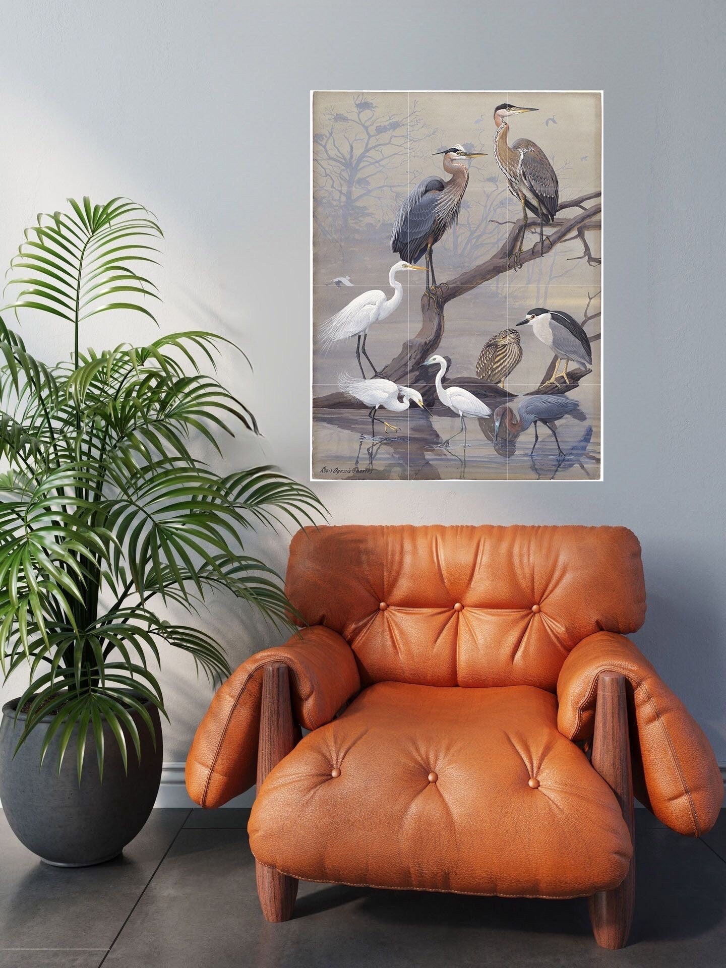 Tile Mural/Mosaic Ceramic Panel of Heron - Bird Mosaic - Heron Painting - Bird Mural - Gloss Tiles - Egret Wall Art Print - Crane Bird Print