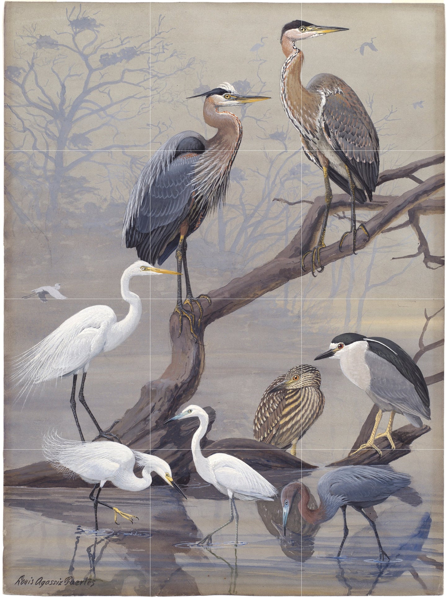 Tile Mural/Mosaic Ceramic Panel of Heron - Bird Mosaic - Heron Painting - Bird Mural - Gloss Tiles - Egret Wall Art Print - Crane Bird Print