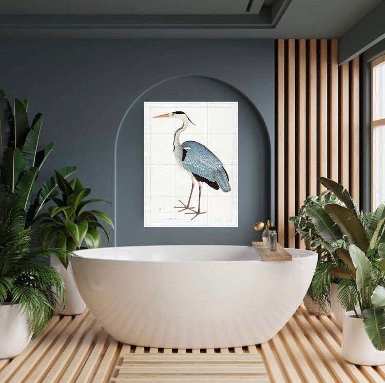 Tile Mural/Mosaic Ceramic Panel of Grey Heron - Bird Mosaic - Heron Painting - Bird Mural - Gloss Tiles - Heron Wall Art Print - Egret Print