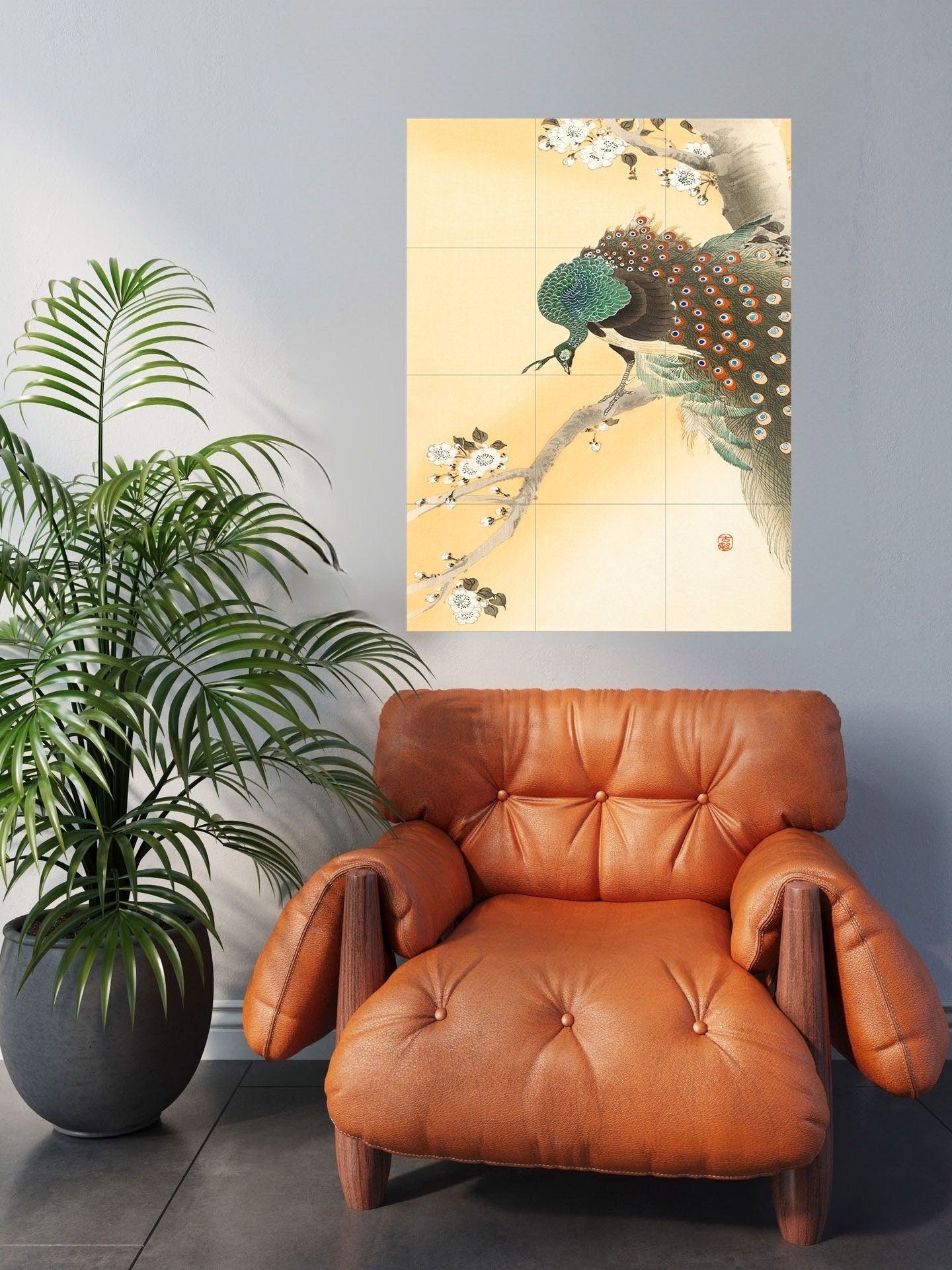 Tile Mural/Mosaic Ceramic Panel of Peacock - Ohara Koson Art Prints - Peacock Bird Mural - Gloss Tiles - Bird Tile Mosaic - Peacock Print