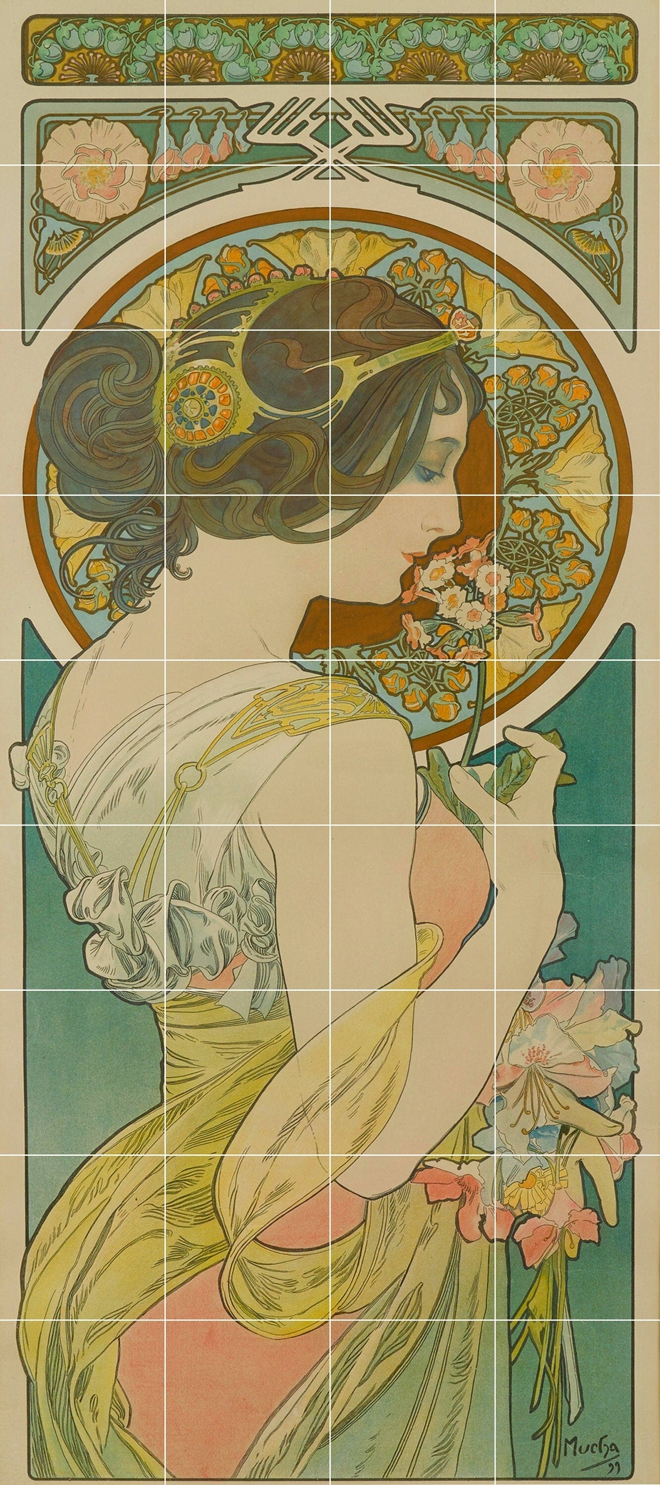Tile Mural/Mosaic Ceramic Panel of Primrose Alphonse Mucha - Colourful Painting Art - Tile Mural - Gloss Tiles- Tile Mosaic