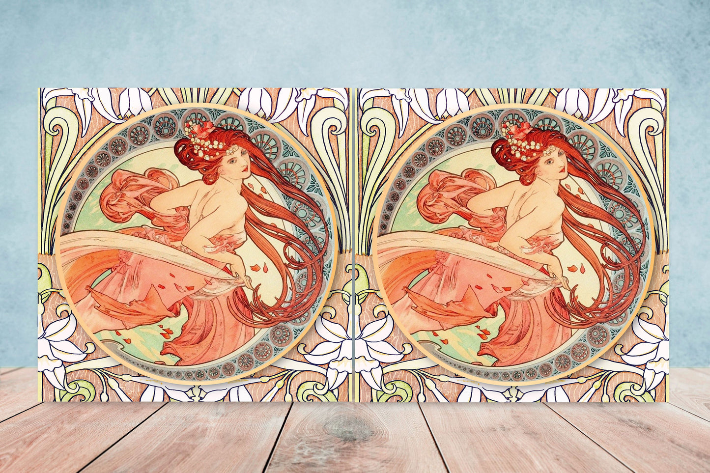 Art Nouveau Flower Ceramic tiles - Set of 2 Art Nouveau Wall Decor Tiles - Kitchen Backsplash Tiles, Table Decorative Tiles, Bathroom Tiles