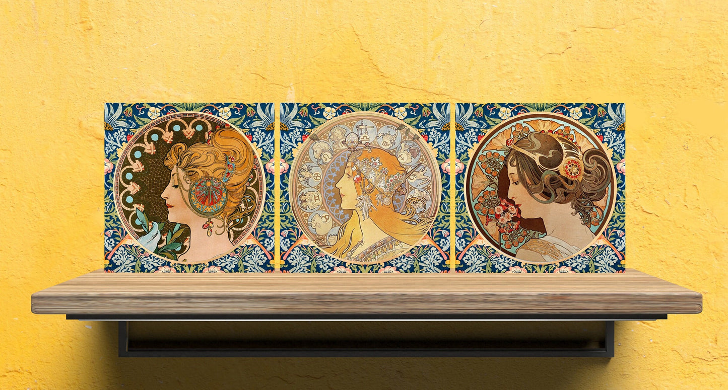 Art Nouveau Set of 3 Ceramic tiles,Ceramic Decor Tiles,Kitchen Backsplash Tiles, Bathroom Tiles, Art Nouveau print, Alphonse Mucha print