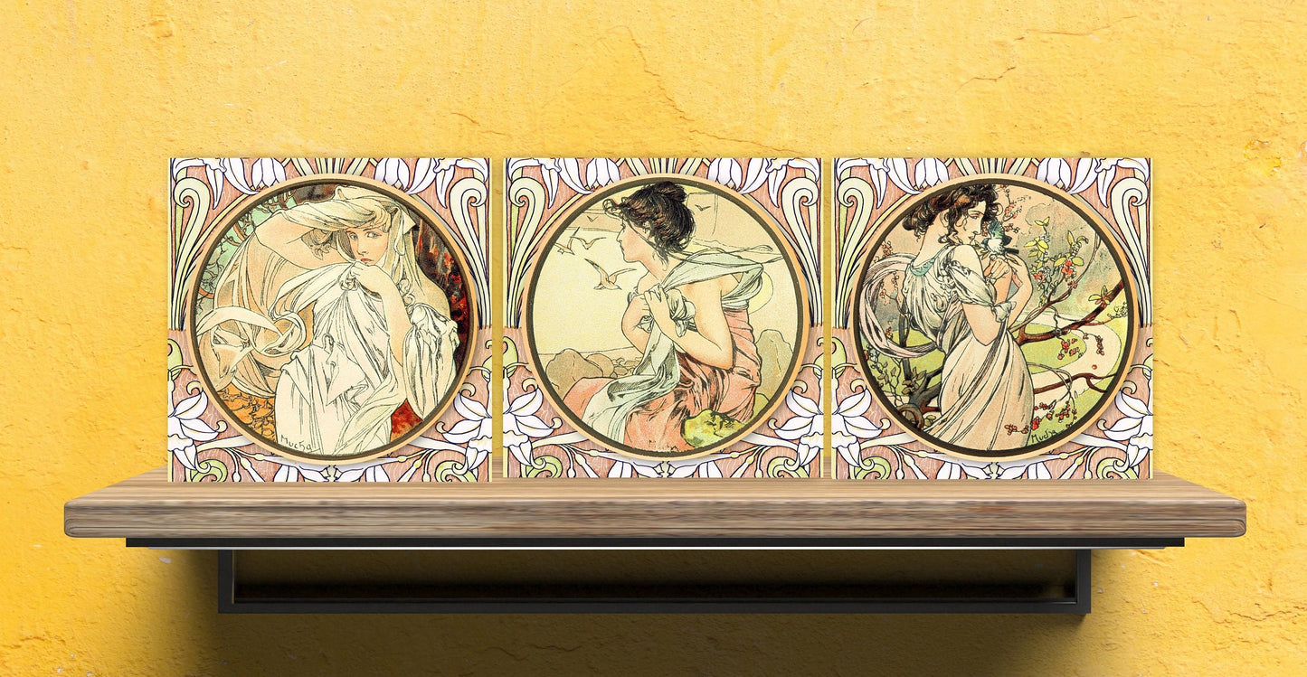 Art Nouveau Set of 3 Ceramic tiles,Ceramic Decor Tiles, Belle Epoque print, Bathroom Tiles, Art Nouveau print, Alphonse Mucha print