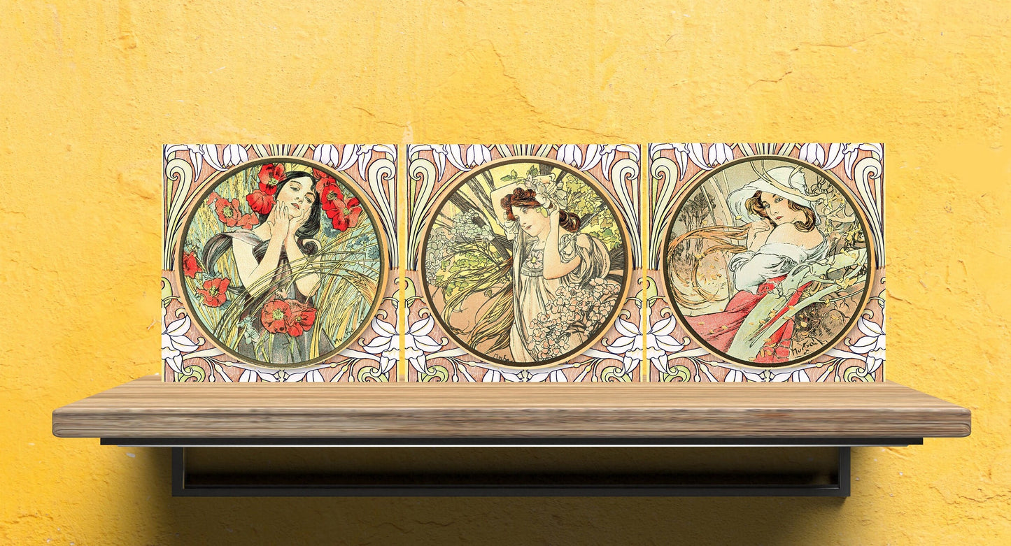 Art Nouveau Set of 3 Ceramic tiles,Ceramic Decor Tiles, Belle Epoque print, Bathroom Tiles, Art Nouveau print, Alphonse Mucha print
