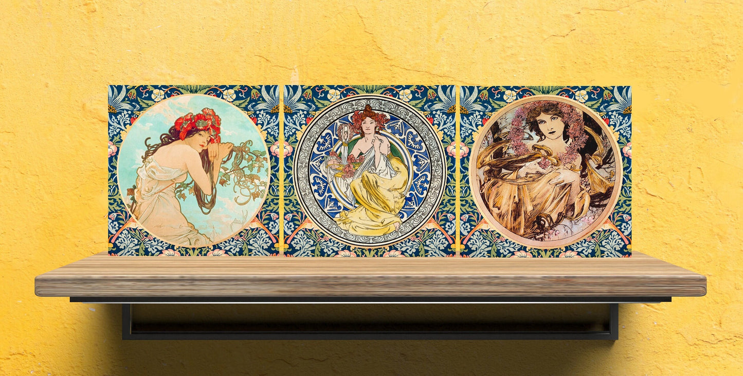 Art Nouveau Set of 3 Ceramic tiles,Ceramic Decor Tiles,Kitchen Backsplash Tiles, Bathroom Tiles, Art Nouveau print, Alphonse Mucha print