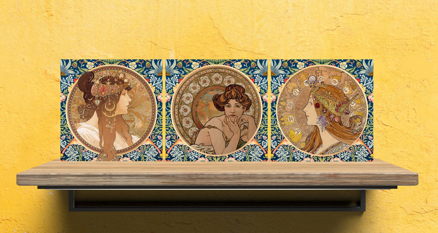 Art Nouveau Set of 3 Ceramic tiles,Ceramic Decor Tiles,Kitchen Backsplash Tiles, Bathroom Tiles, Art Nouveau print, Alphonse Mucha print