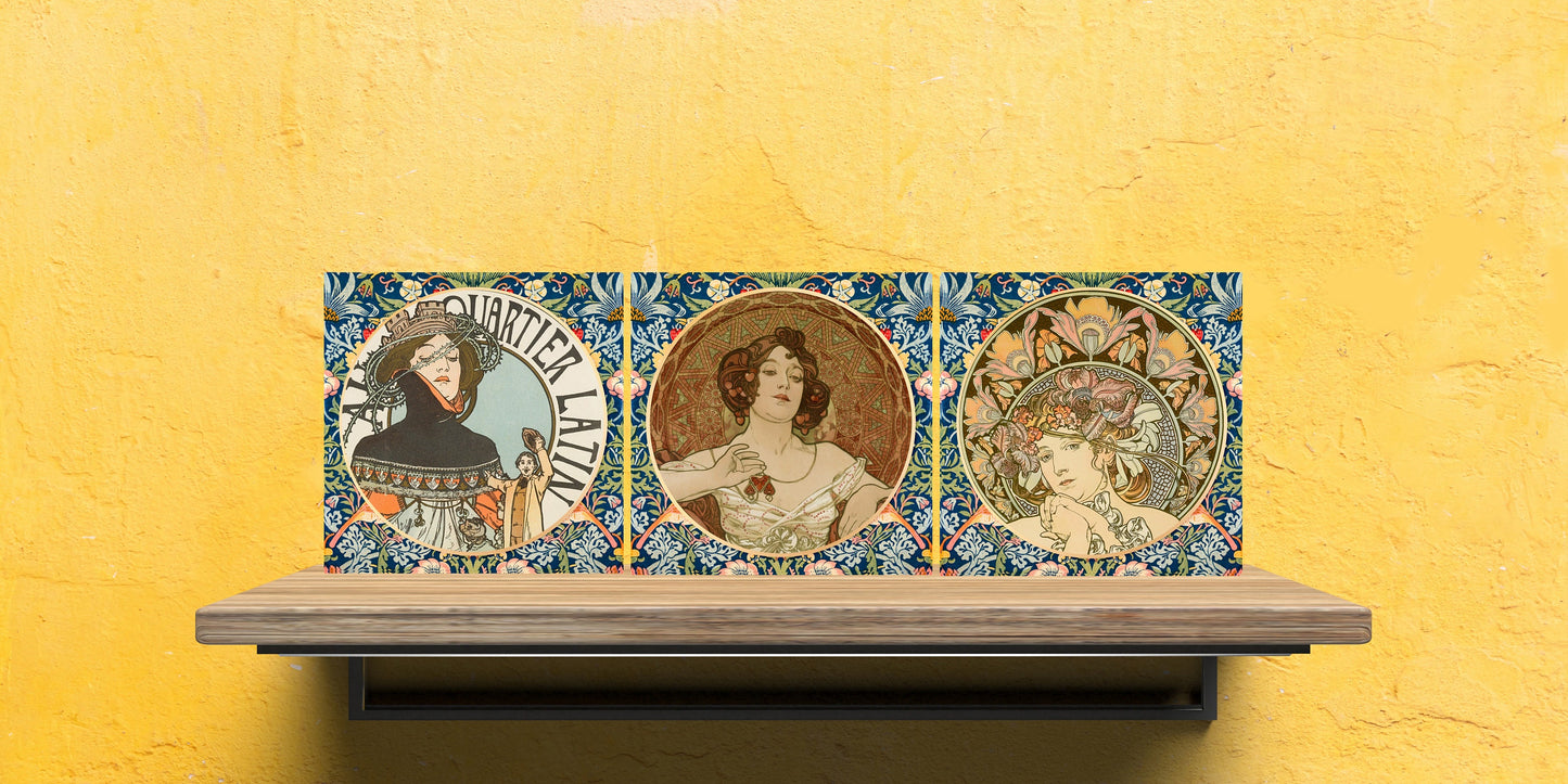 Art Nouveau Set of 3 Ceramic tiles,Ceramic Decor Tiles,Kitchen Backsplash Tiles, Bathroom Tiles, Art Nouveau print, Alphonse Mucha print