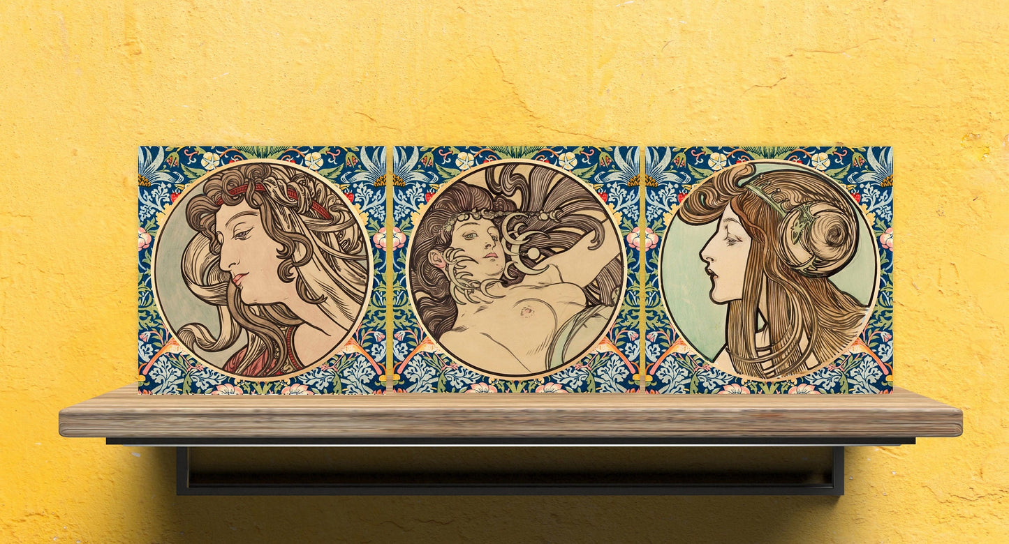 Art Nouveau Set of 3 Ceramic tiles,Ceramic Decor Tiles,Kitchen Backsplash Tiles, Bathroom Tiles, Art Nouveau print, Alphonse Mucha print