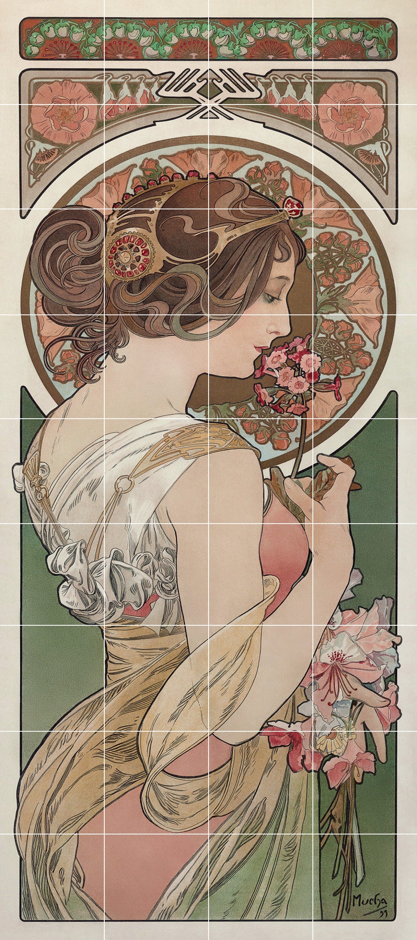 Tile Mural/Mosaic Ceramic Panel of Alphonse Mucha La Primevère - Alphonse Mucha wall print - Mucha wall art - Tile Mural - Art Nouveau print