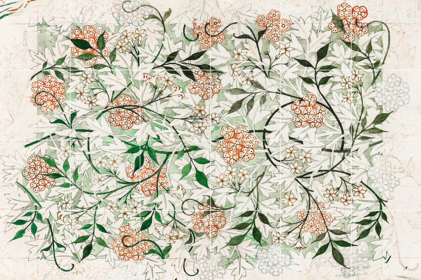 Tile Mural/Mosaic Ceramic Panel of William Morris Jasmine Flower - William Morris Wall Art - Morris Pattern - Botanical Print -Gloss Tiles