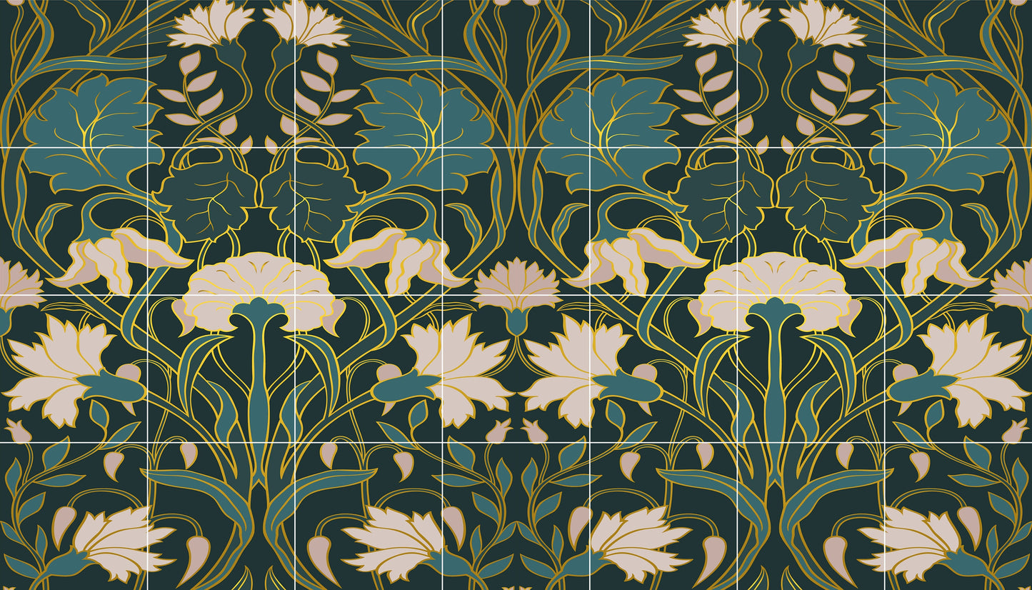 Art Nouveau Floral Ceramic Tile Mural/Mosaic - Art Nouveau Wall Decor Tiles - Flower Mural - Floral Print -Kitchen Backsplash Tiles,Bathroom