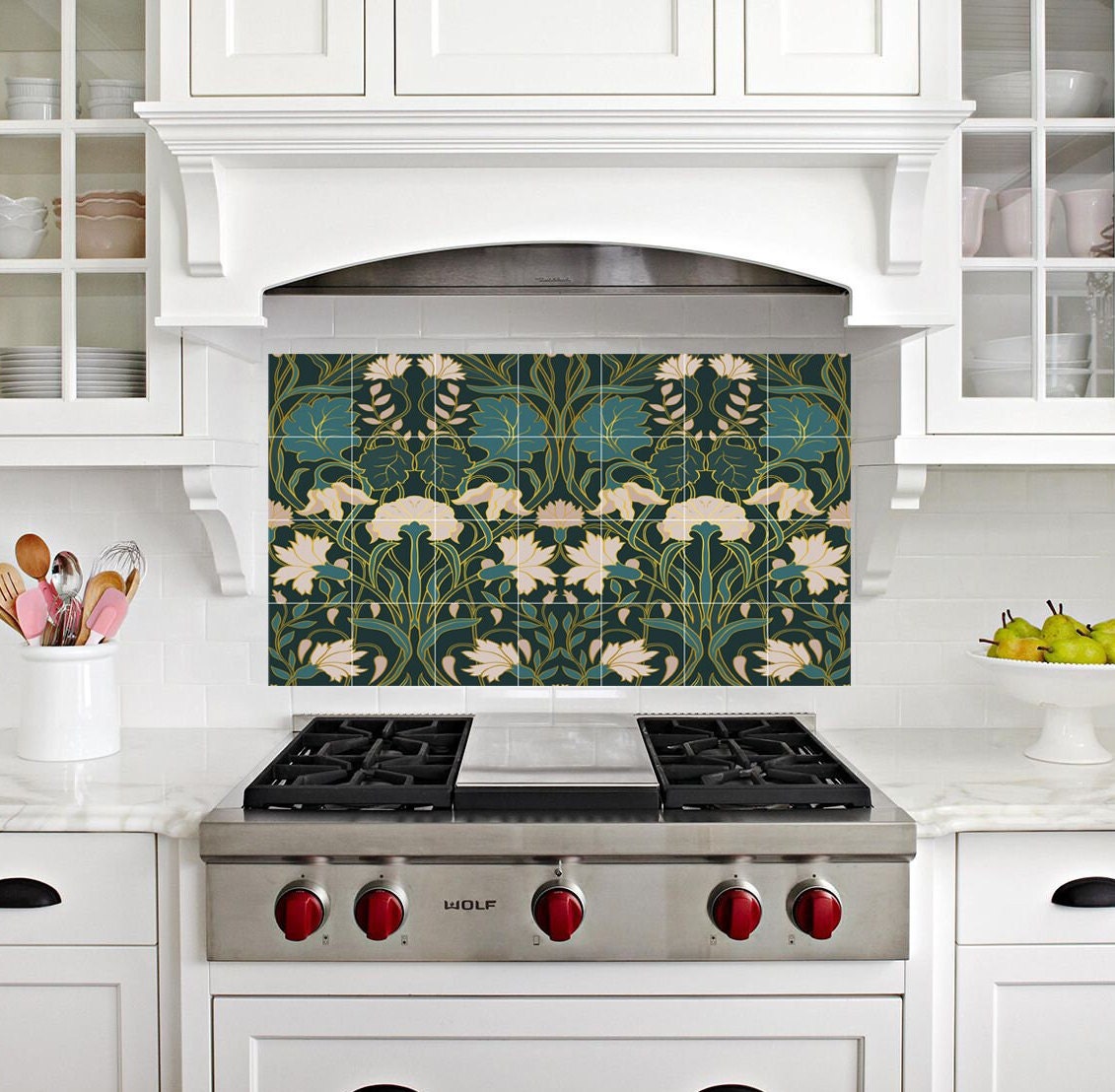 Art Nouveau Floral Ceramic Tile Mural/Mosaic - Art Nouveau Wall Decor Tiles - Flower Mural - Floral Print -Kitchen Backsplash Tiles,Bathroom