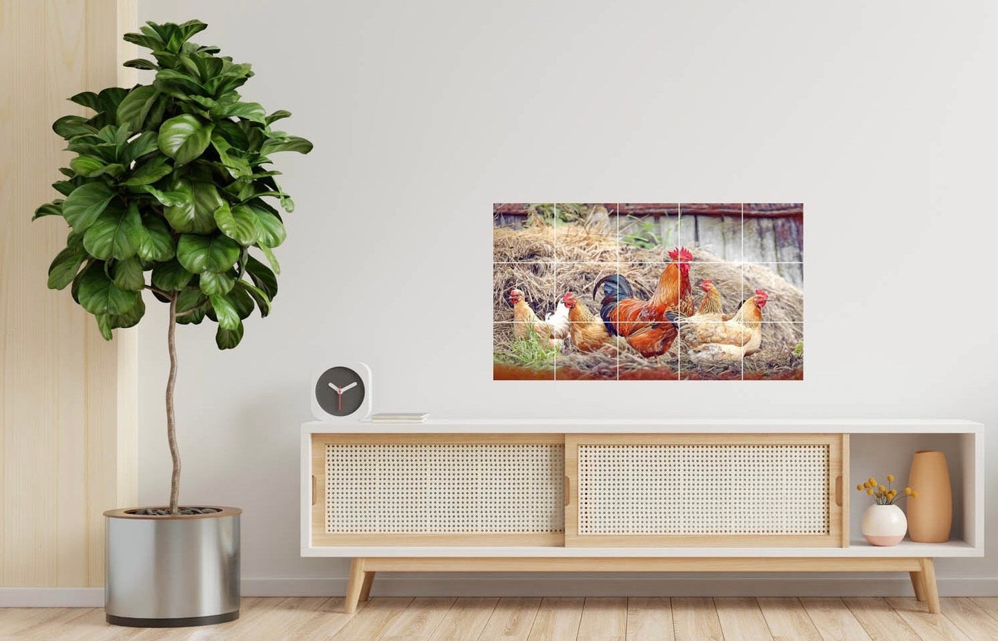 Tile Mural/Mosaic Ceramic Panel of a Rooster and Hen - Countryside Mural - Wall Art - Rooster Mural - Tile Mural - Gloss Tiles - Tile Mosaic