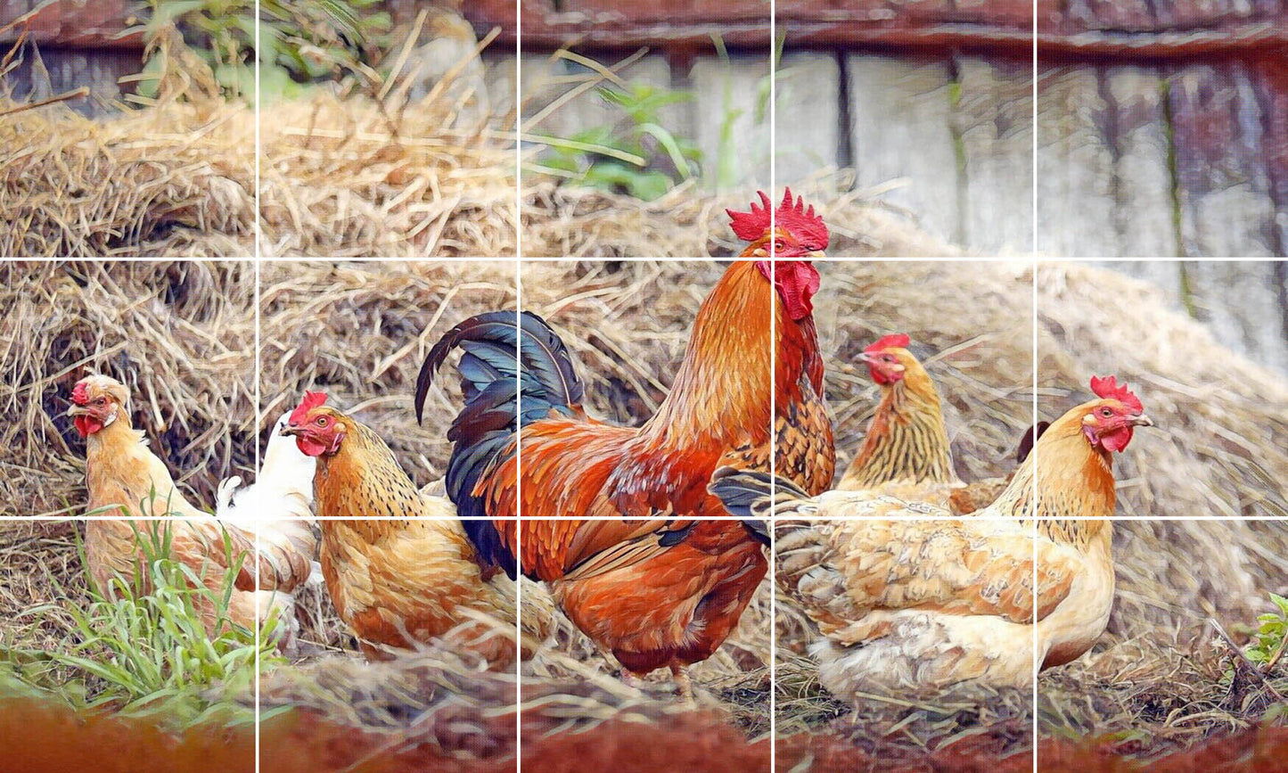 Tile Mural/Mosaic Ceramic Panel of a Rooster and Hen - Countryside Mural - Wall Art - Rooster Mural - Tile Mural - Gloss Tiles - Tile Mosaic