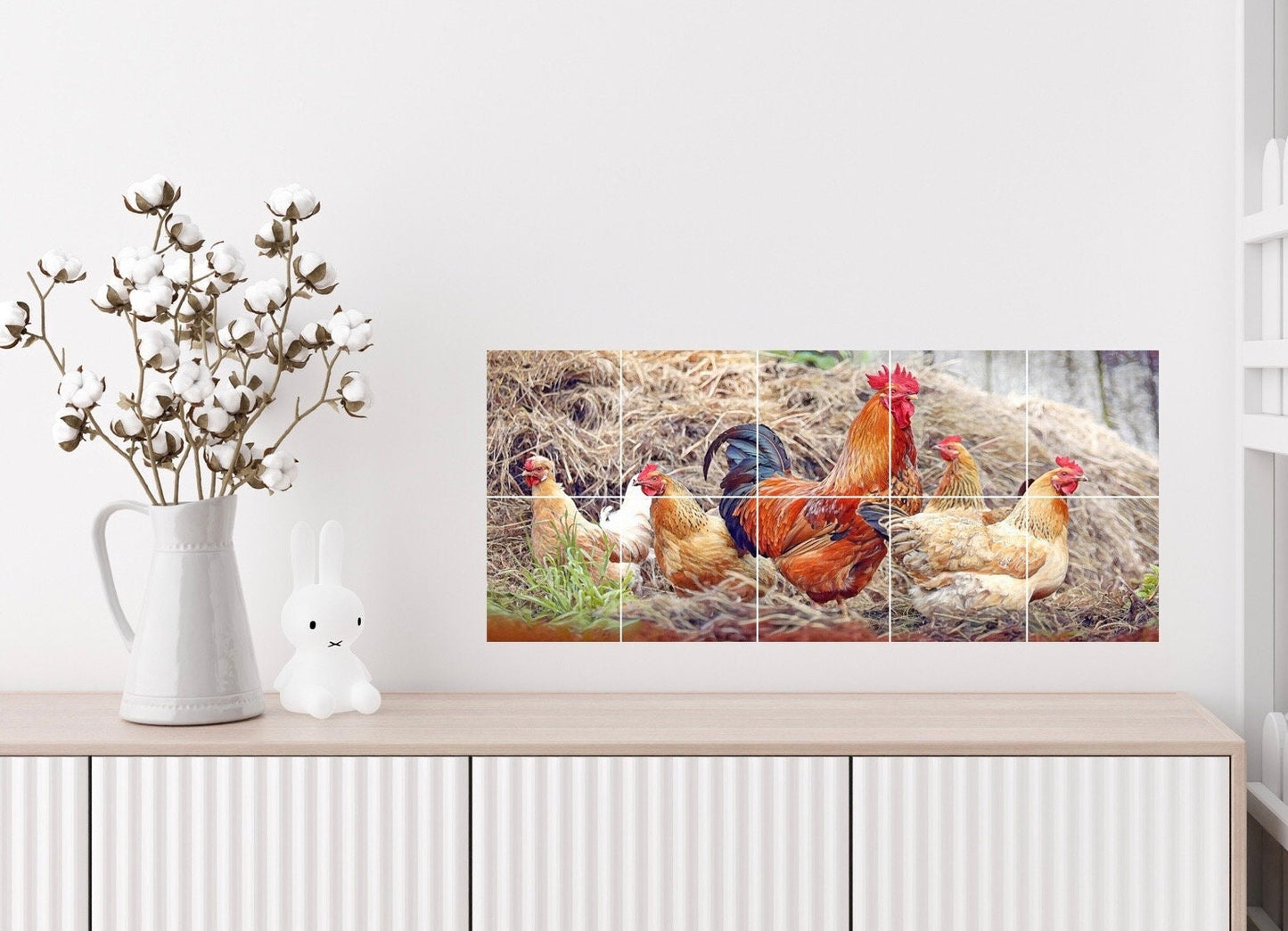 Tile Mural/Mosaic Ceramic Panel of a Rooster and Hen - Countryside Mural - Wall Art - Rooster Mural - Tile Mural - Gloss Tiles - Tile Mosaic
