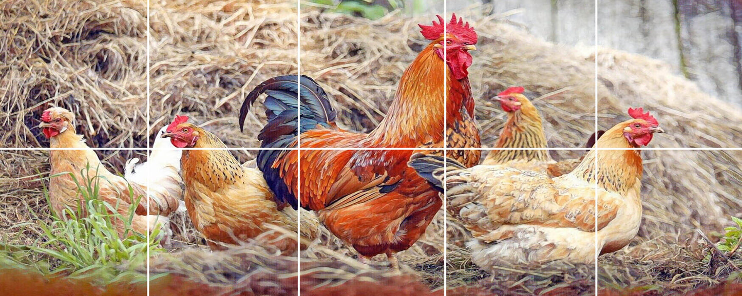Tile Mural/Mosaic Ceramic Panel of a Rooster and Hen - Countryside Mural - Wall Art - Rooster Mural - Tile Mural - Gloss Tiles - Tile Mosaic