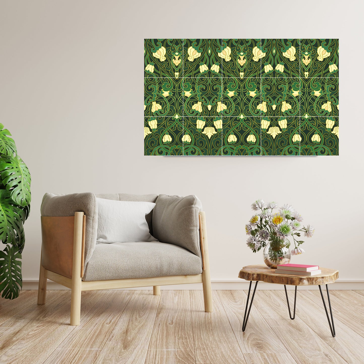 Art Nouveau Floral Ceramic Tile Mural/Mosaic - Art Nouveau Wall Decor Tiles - Flower Mural - Floral Print -Kitchen Backsplash Tiles,Bathroom