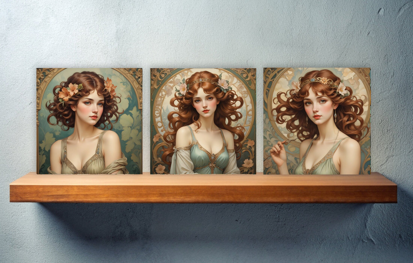 Art Nouveau Woman set of 3 Ceramic tiles,Ceramic Decor Tiles,Kitchen Backsplash Tiles, Bathroom Tiles, Botanical wall art, Art Nouveau print