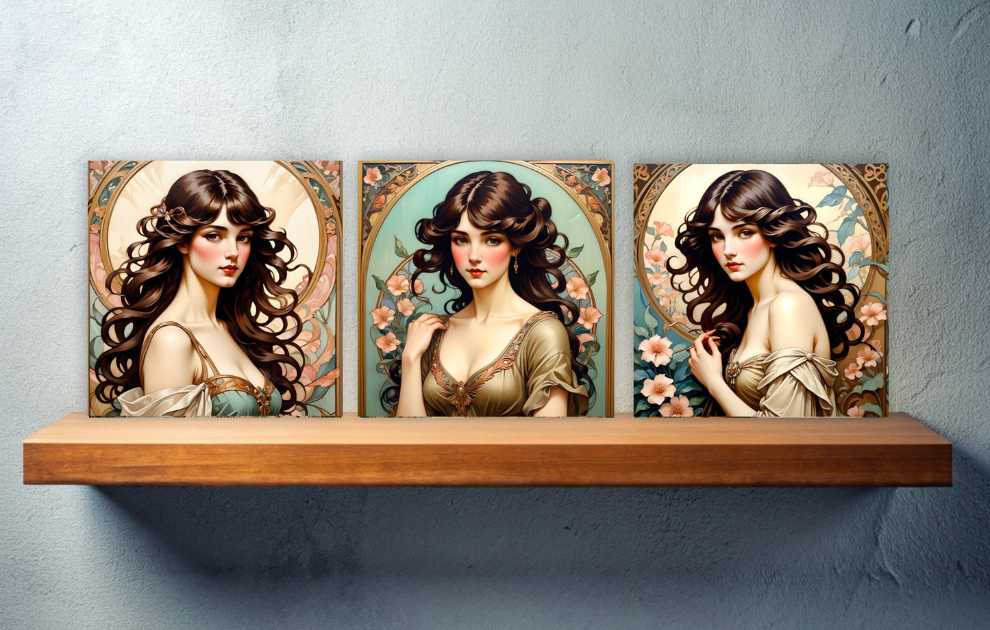 Art Nouveau Woman set of 3 Ceramic tiles,Ceramic Decor Tiles,Kitchen Backsplash Tiles, Bathroom Tiles, Botanical wall art, Art Nouveau print
