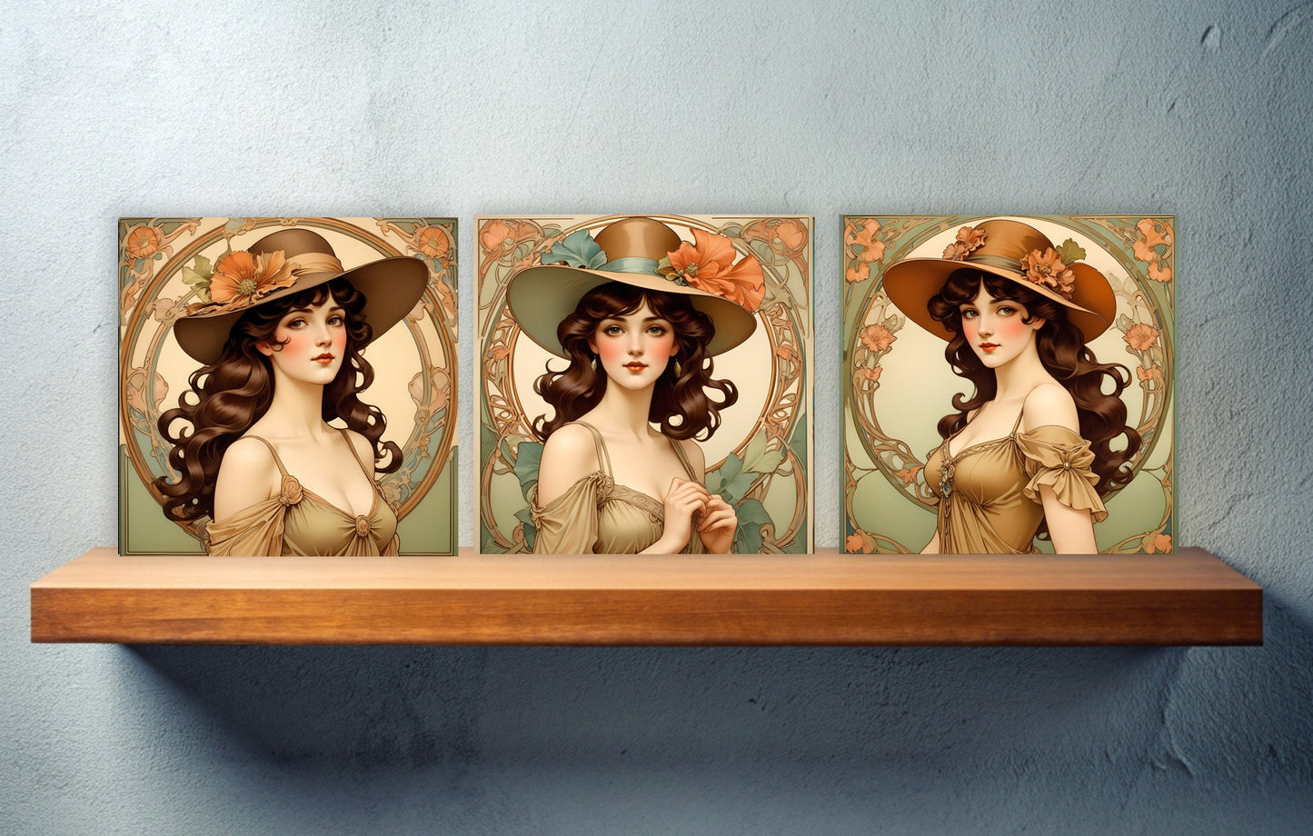 Art Nouveau Woman set of 3 Ceramic tiles,Ceramic Decor Tiles,Kitchen Backsplash Tiles, Bathroom Tiles, Botanical wall art, Art Nouveau print