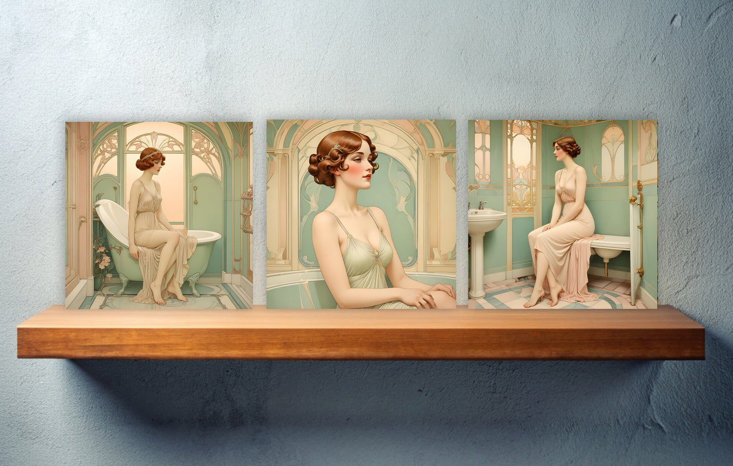 Art Nouveau Woman set of 3 Ceramic tiles,Ceramic Decor Tiles,Kitchen Backsplash Tiles, Bathroom Tiles, Botanical wall art, Art Nouveau print