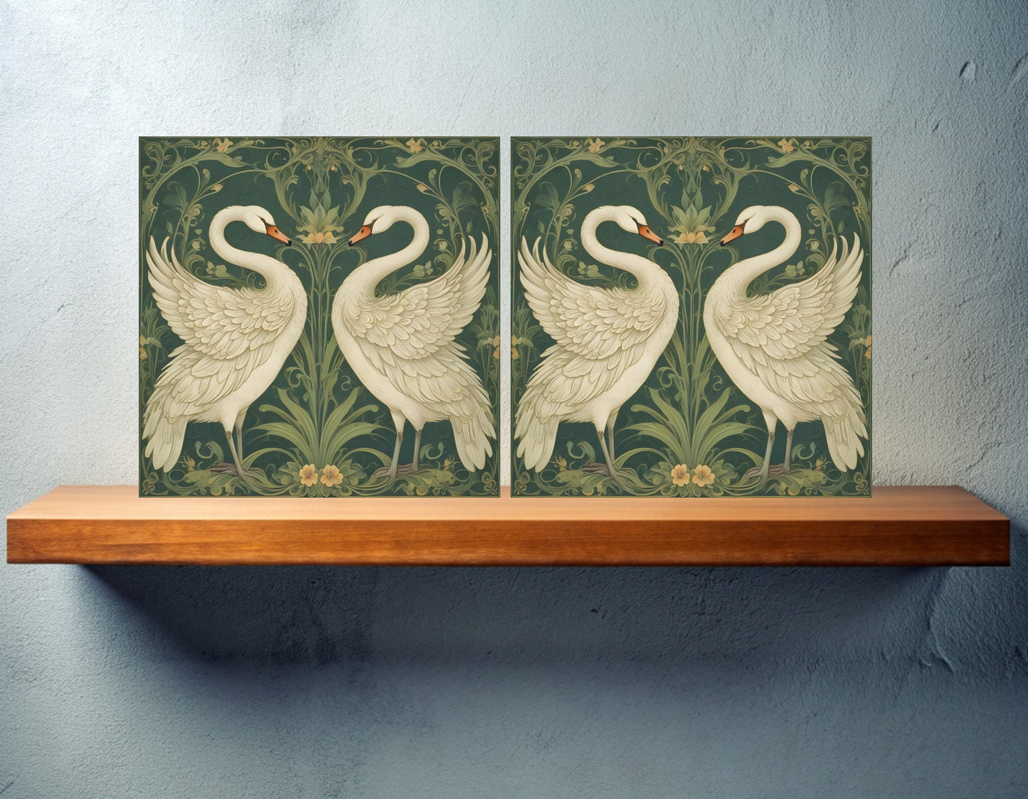 Art Nouveau Walter Crane Style Swan Ceramic tiles - Set of 2 Art Nouveau Bird Wall Decor Tiles - Kitchen Backsplash Tiles, Bathroom Tiles