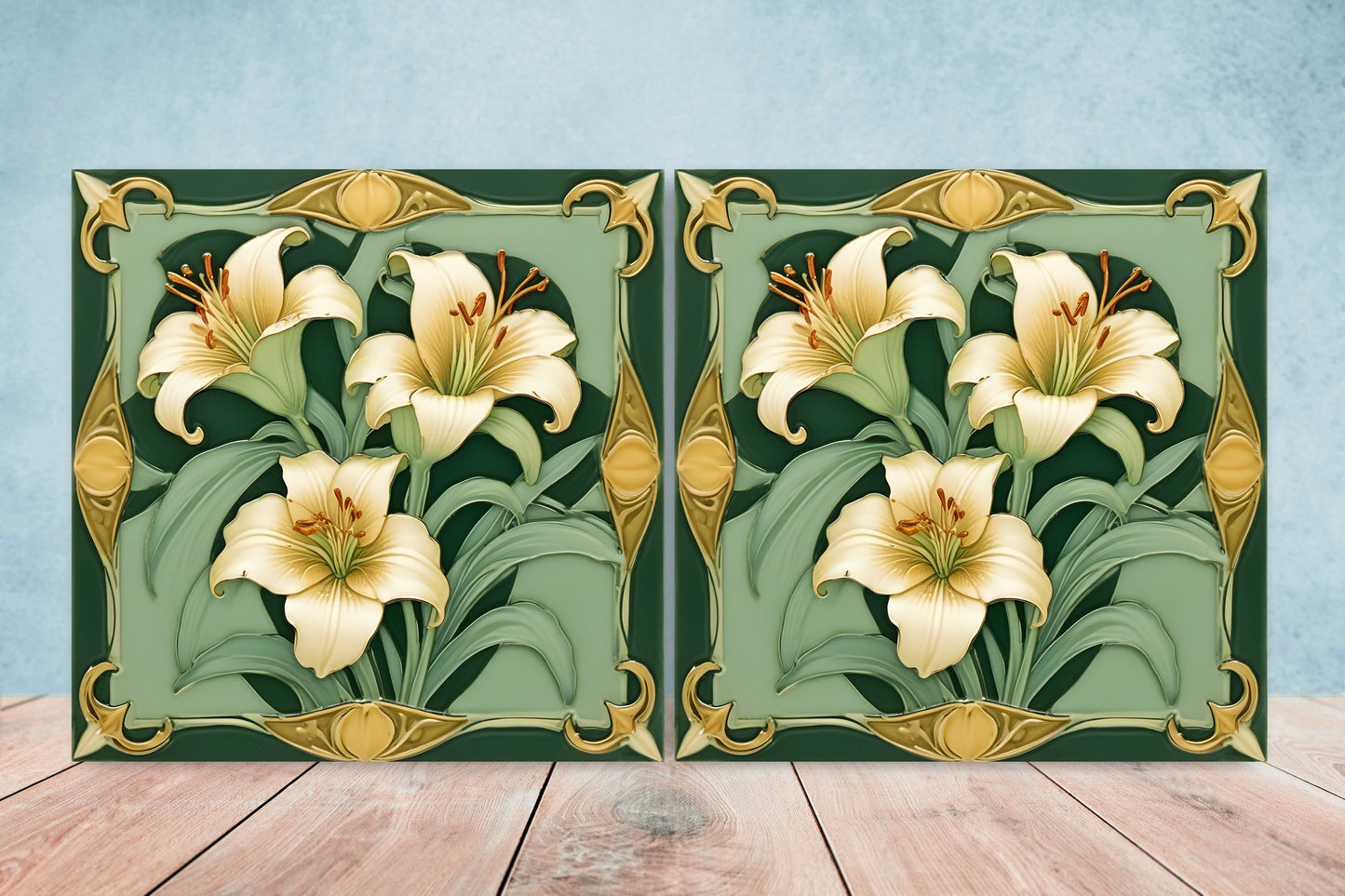 Art Nouveau Flower Ceramic tiles - Set of 2 Art Nouveau Wall Decor Tiles - Kitchen Backsplash Tiles, Table Decorative Tiles, Bathroom Tiles