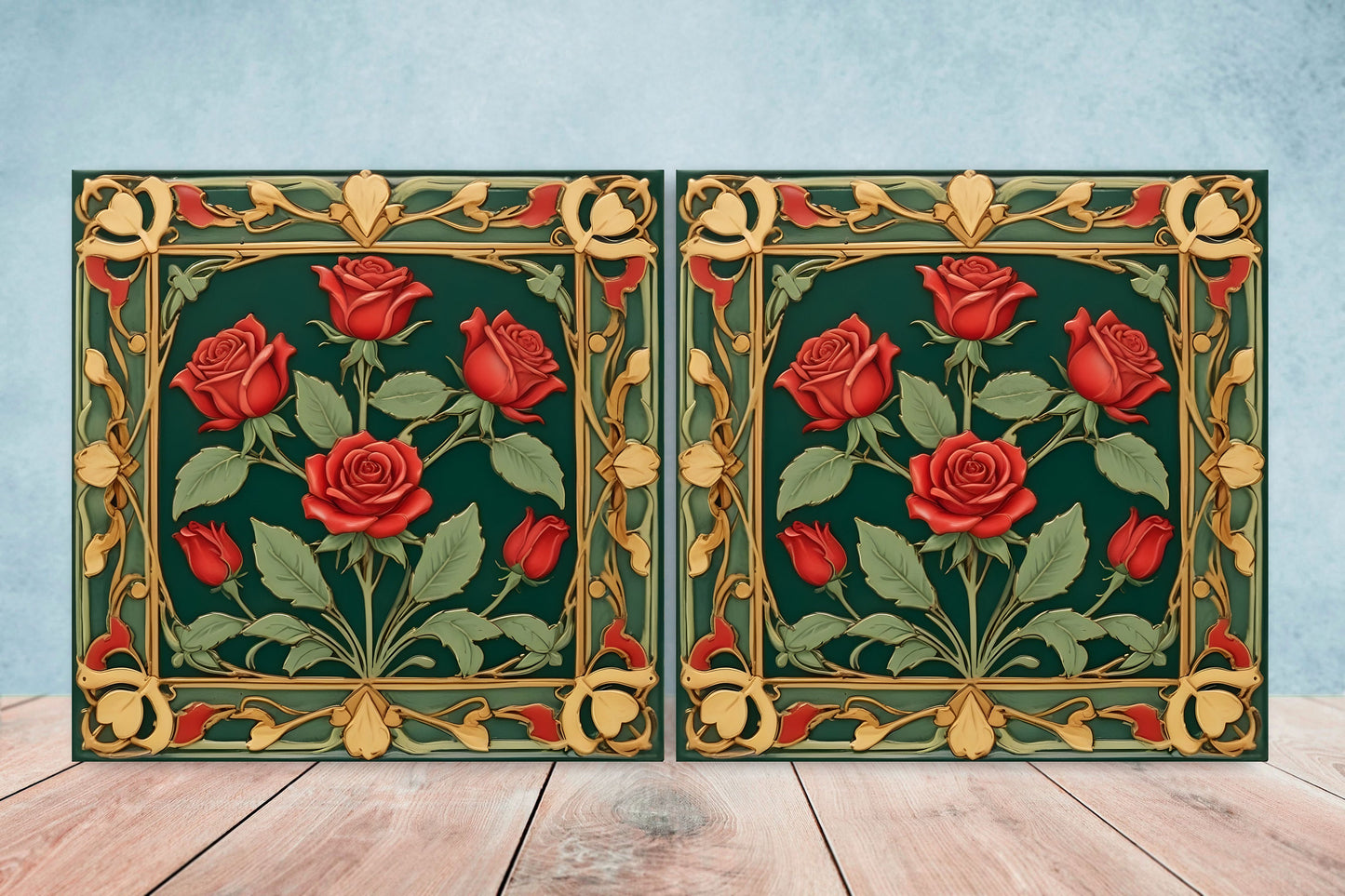 Art Nouveau Flower Ceramic tiles - Set of 2 Art Nouveau Wall Decor Tiles - Kitchen Backsplash Tiles, Table Decorative Tiles, Bathroom Tiles