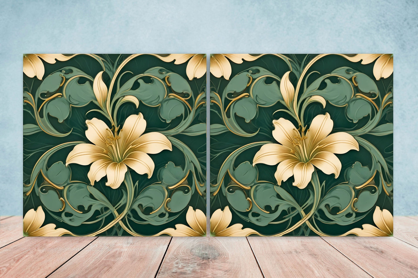 Art Nouveau Flower Ceramic tiles - Set of 2 Art Nouveau Wall Decor Tiles - Kitchen Backsplash Tiles, Table Decorative Tiles, Bathroom Tiles