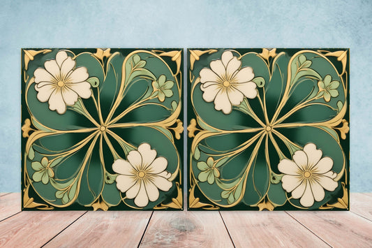 Art Nouveau Flower Ceramic tiles - Set of 2 Art Nouveau Wall Decor Tiles - Kitchen Backsplash Tiles, Table Decorative Tiles, Bathroom Tiles