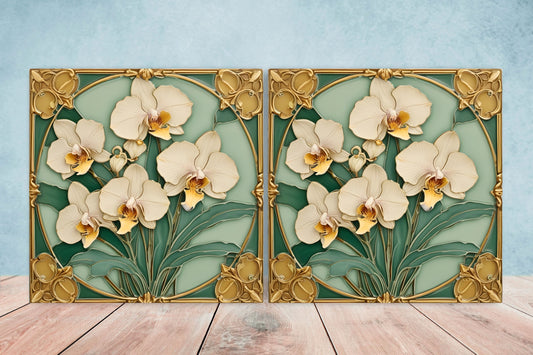 Art Nouveau Flower Ceramic tiles - Set of 2 Art Nouveau Wall Decor Tiles - Kitchen Backsplash Tiles, Table Decorative Tiles, Bathroom Tiles