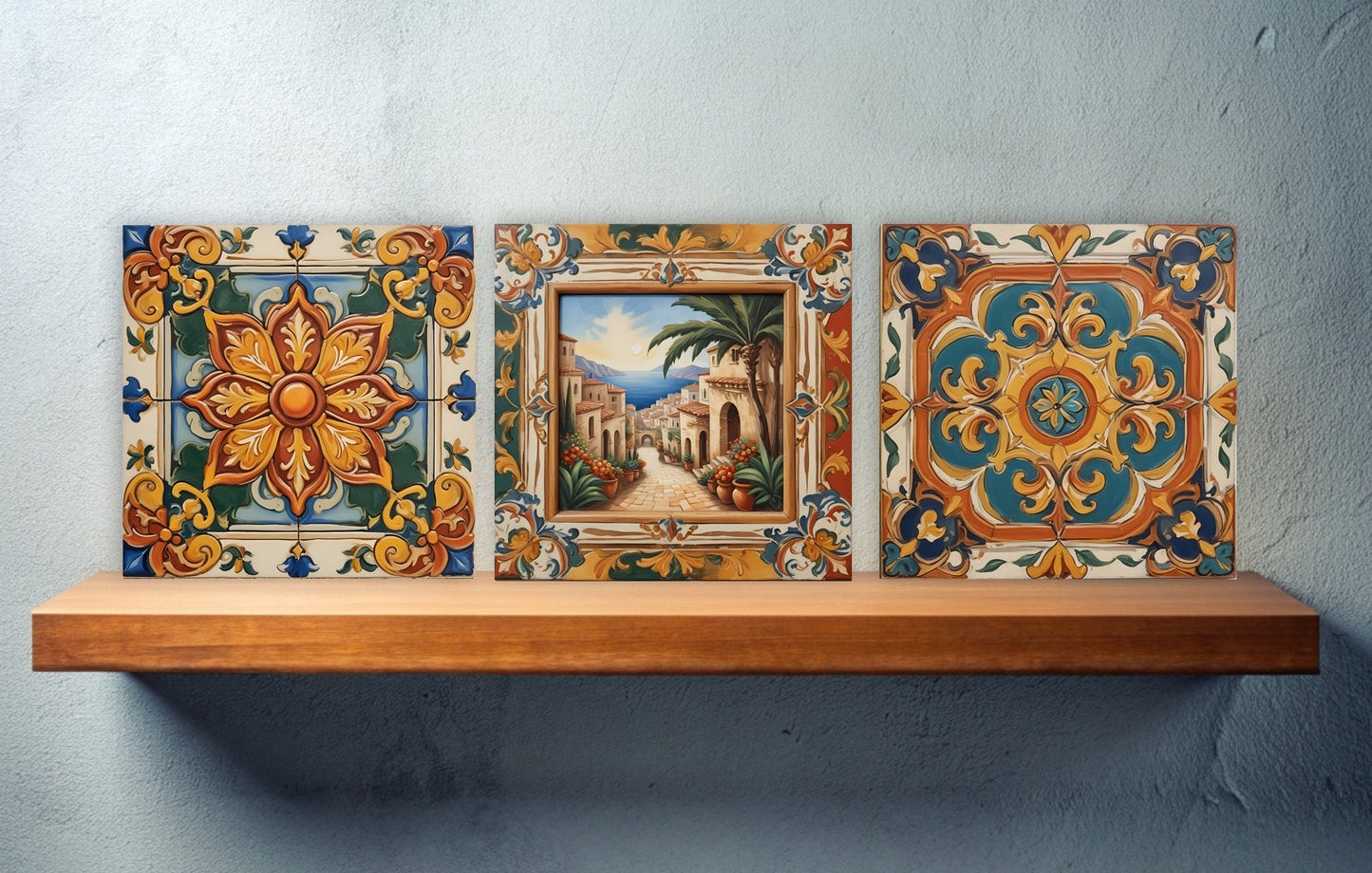Sicilian Ceramic tiles - Set of 3 Sicilian Wall Decor Tiles - Kitchen Backsplash Tiles, Bathroom Tiles, Sicilian ceramics, Shower tiles