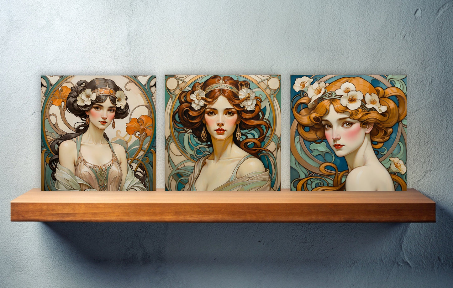 Art Nouveau Woman set of 3 Ceramic tiles,Ceramic Decor Tiles,Kitchen Backsplash Tiles, Bathroom Tiles, Botanical wall art, Art Nouveau print