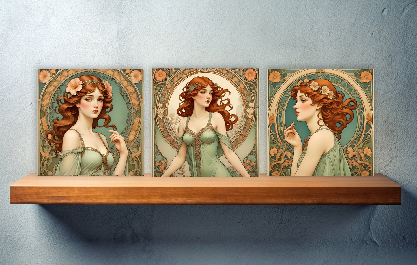 Art Nouveau Woman set of 3 Ceramic tiles,Ceramic Decor Tiles,Kitchen Backsplash Tiles, Bathroom Tiles, Botanical wall art, Art Nouveau print