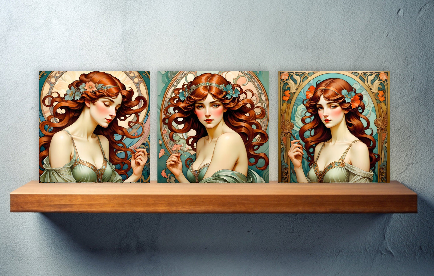 Art Nouveau Woman set of 3 Ceramic tiles,Ceramic Decor Tiles,Kitchen Backsplash Tiles, Bathroom Tiles, Botanical wall art, Art Nouveau print